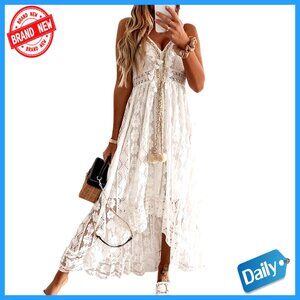 Sleeveless Lace Maxi Dress with Tassel Details, Adjustable Straps, V-Neck
